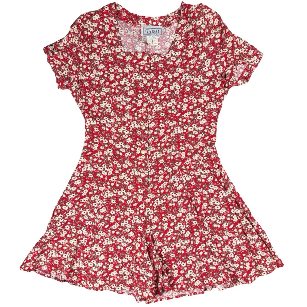 Vintage DBY Floral Romper Red Rayon Button Front Grunge Cottagecore Size 7